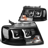 04-08 Ford F-150 3D LED J-Bar Halo Projector Headlights Black Housing