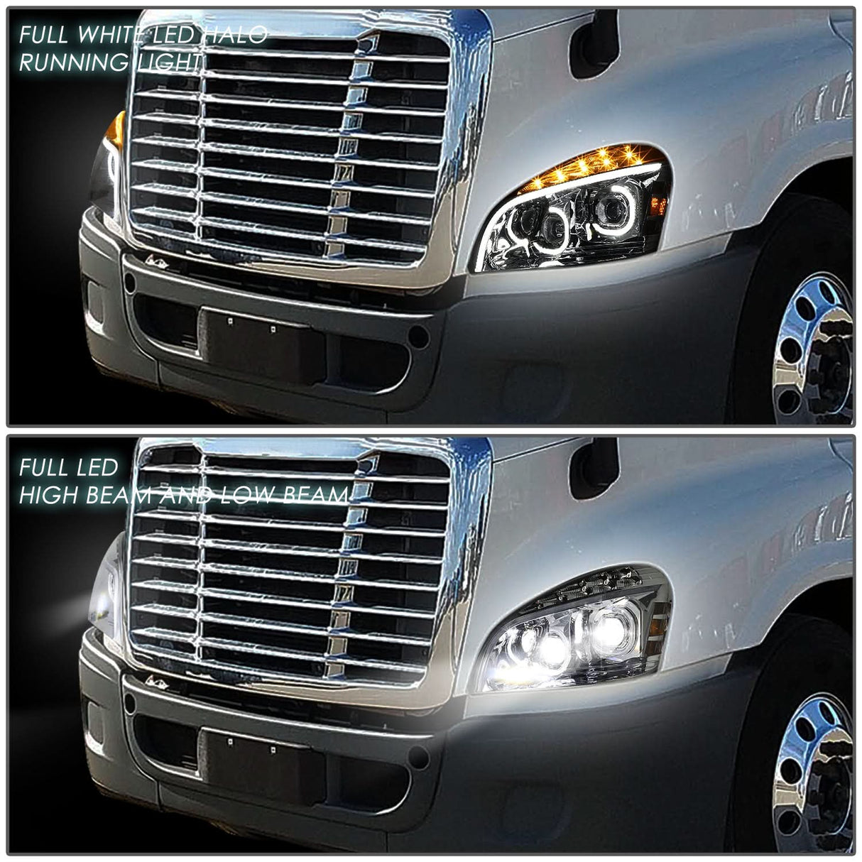 2008-2017 Freightliner Cascadia LED Halo Projector Headlights Chrome