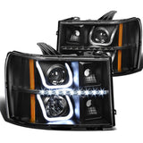 07-13 GMC Sierra LED U-Bar Halo Projector Headlights Black Housing