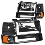 92-96 Ford F-150 F-250 F-350 Bronco Dual LED DRL Headlights Black