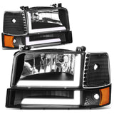 92-96 Ford F-150 F-250 F-350 Bronco Dual LED DRL Headlights Black