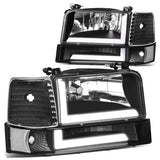 92-96 Ford F-150 F-250 F-350 Bronco Dual LED DRL Headlights Black