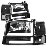 92-96 Ford F-150 F-250 F-350 Bronco Dual LED DRL Headlights Black