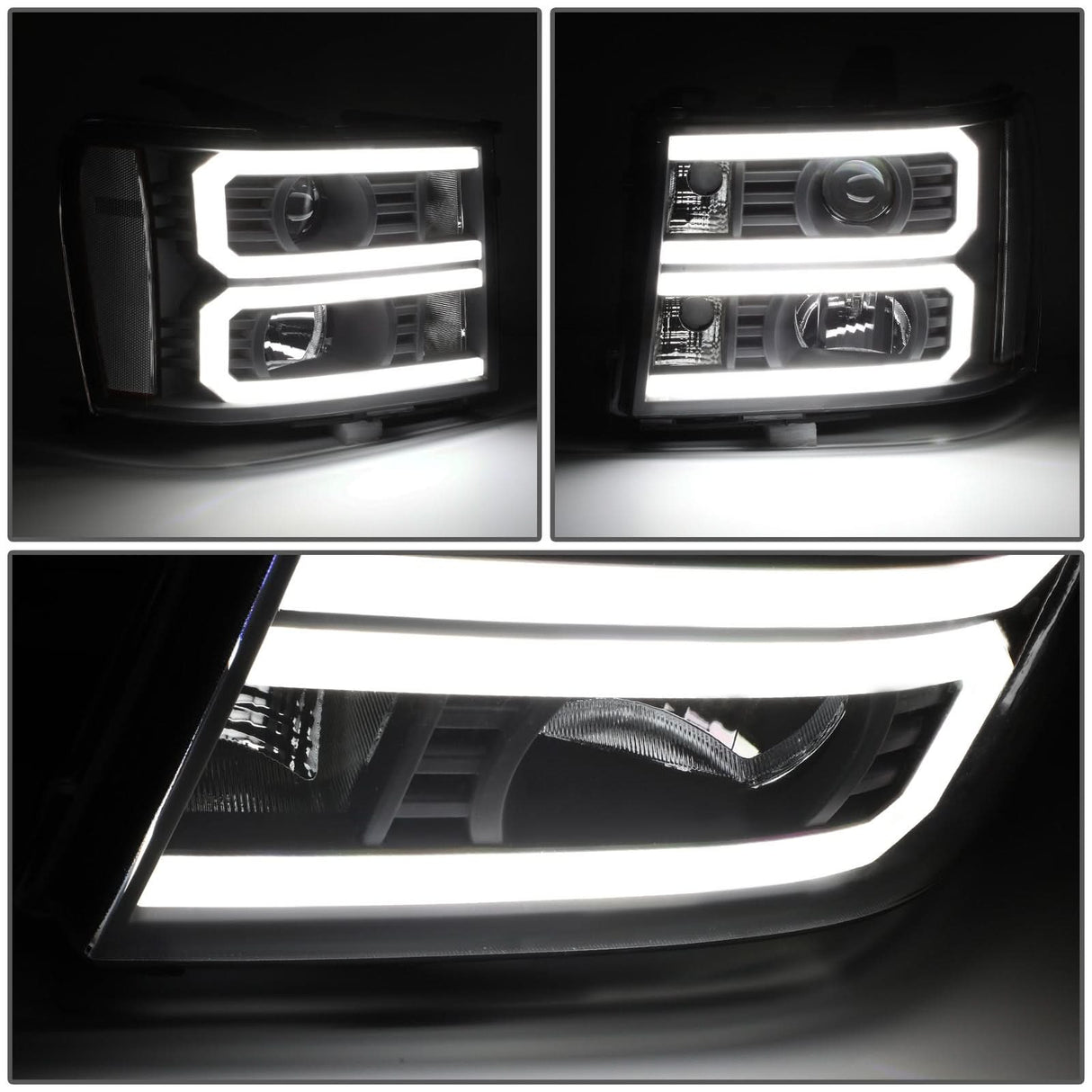 2007-2014 GMC Sierra Dual U-Bar LED DRL Headlights Black Housing