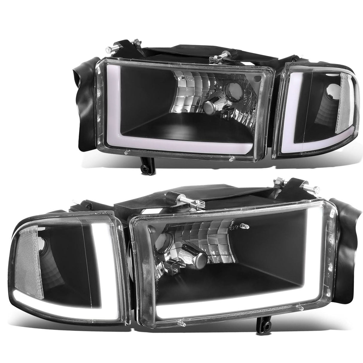 94-02 Dodge Ram LED DRL Headlights Black Housing Clear Corner