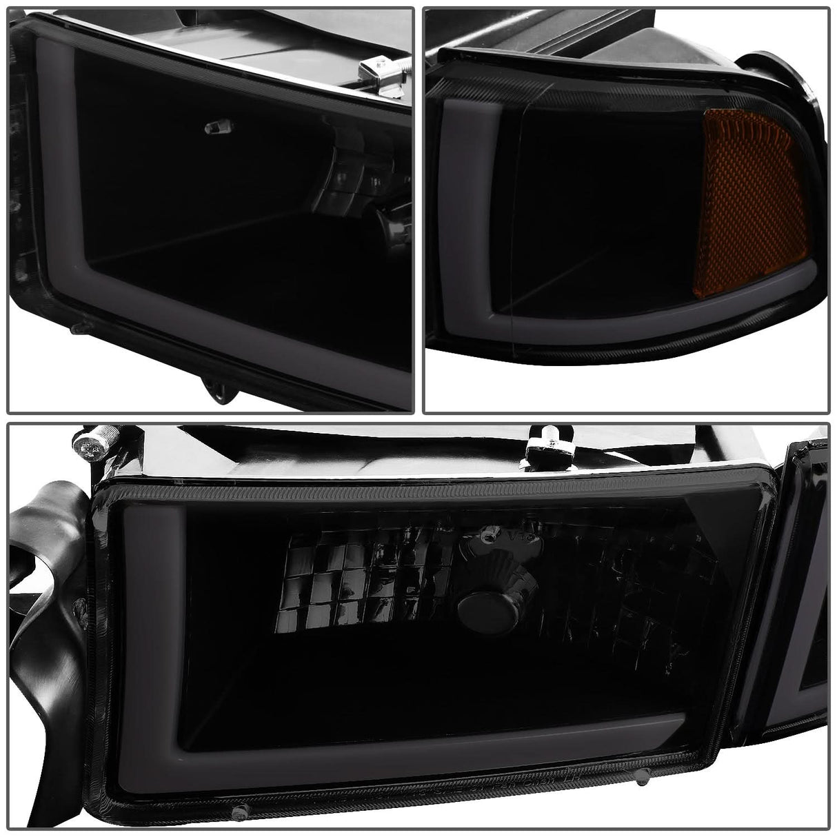 94-02 Dodge Ram LED DRL Headlights Black Housing Smoke Lens