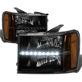 2007-2014 GMC Sierra LED DRL Headlights Black Housing Amber Corner