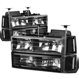 94-00 GMC C10 8PC Headlight Set - Black Housing Clear Corner