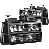 94-00 GMC C10 8PC Headlight Set - Black Housing Clear Corner