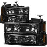 94-00 GMC C10 8PC Smoke Housing Headlight Set w/ Amber Corners