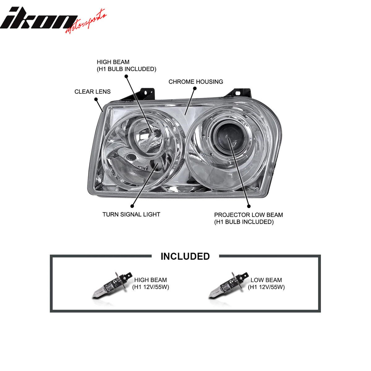 2005-2010 Chrysler 300 Clear Chrome Front Projector Head Lights Pair