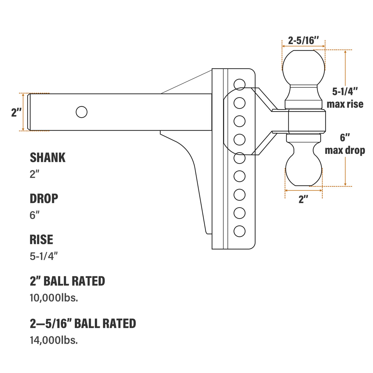 Carbon Steel Rear Ball Mount Class 3 Universal Class 3 Adjustable Ball Mount With a 2" and 2-5/16" Ball, Come With Pin, 6-inch Drop to 5-1/4-Inch Rise, Capacity: 2" Ball 10000 LBS; 2-5/16" Ball 14000 LBS HT01DEA01