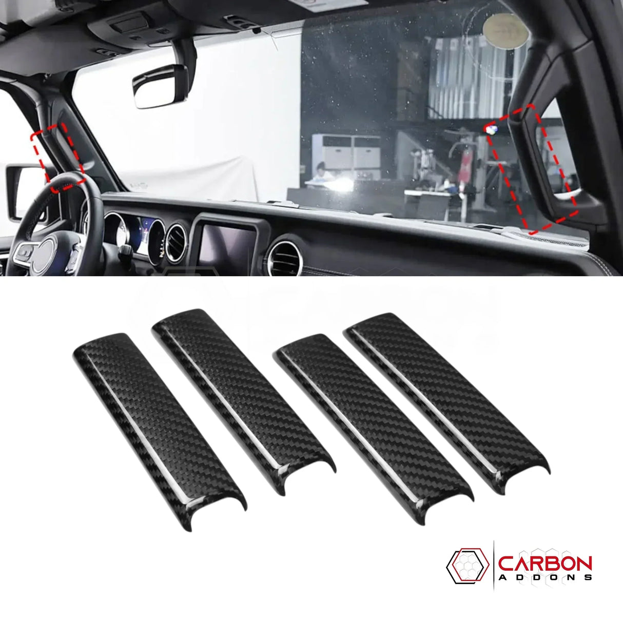 2018+ Jeep Wrangler JL & 2020+ Gladiator JT Real Carbon Fiber A & B Pillar Grab Handle Trim Covers (4pcs)