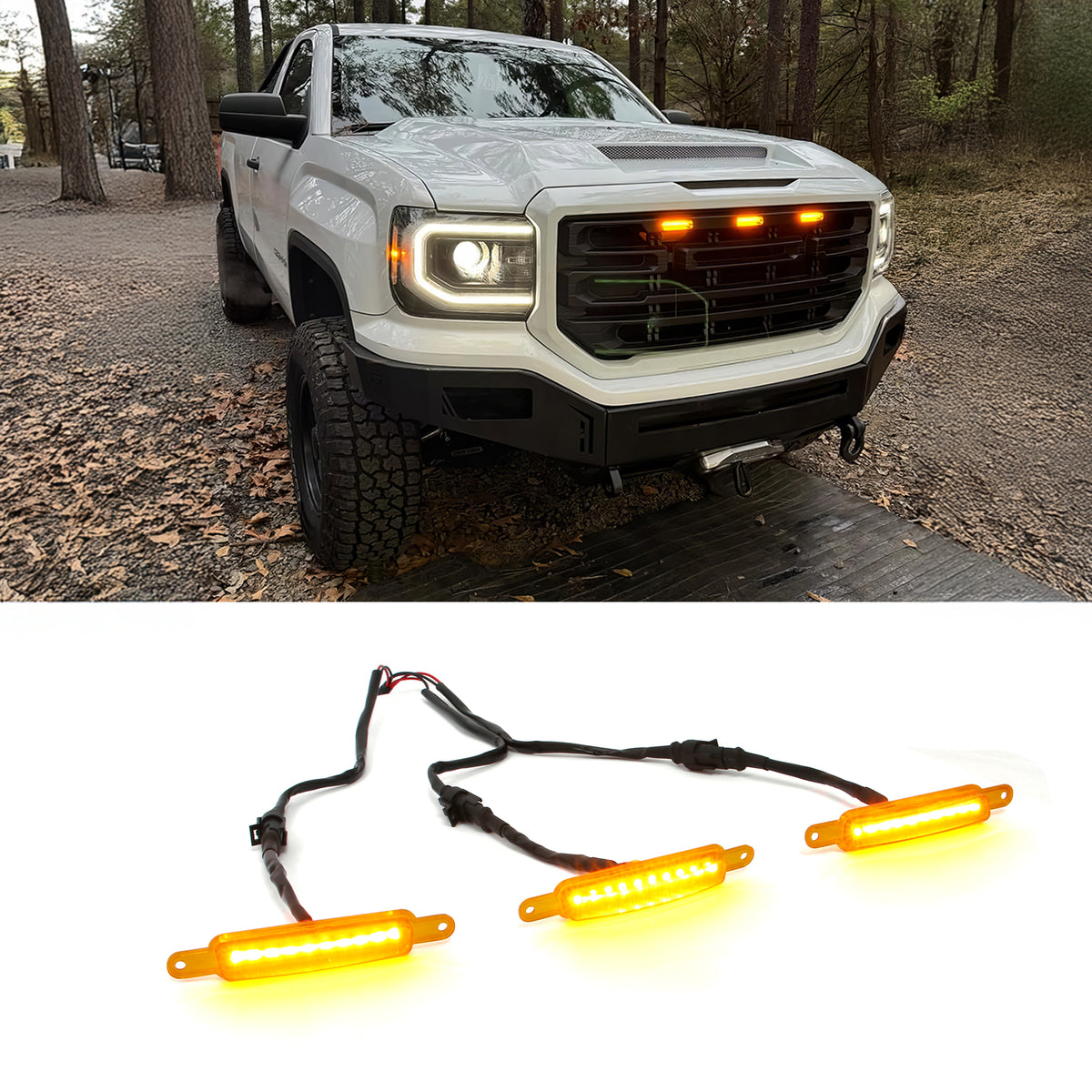 LED Grille Light w/ Wiring Harness for Chevy Silverado GMC Sierra 1500 3PCS