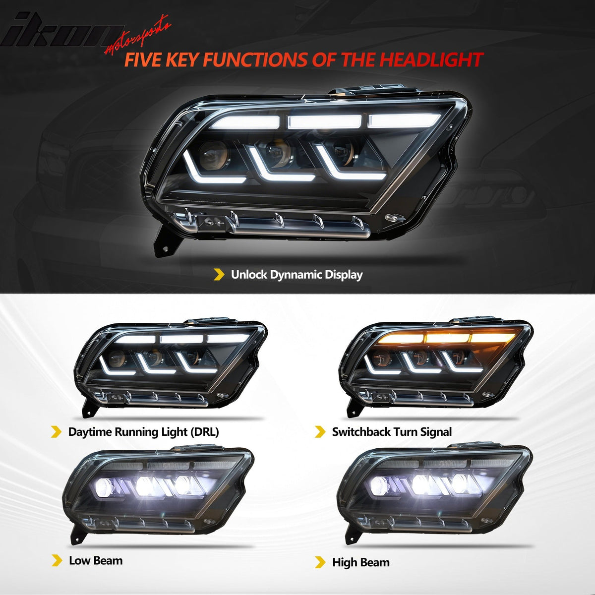 Front Headlights Assembly for Ford Mustang 2010-2014 2024 S650 Style Black Housing with DRL Switchback Turn Signal High Low Beam Plug-N-Play