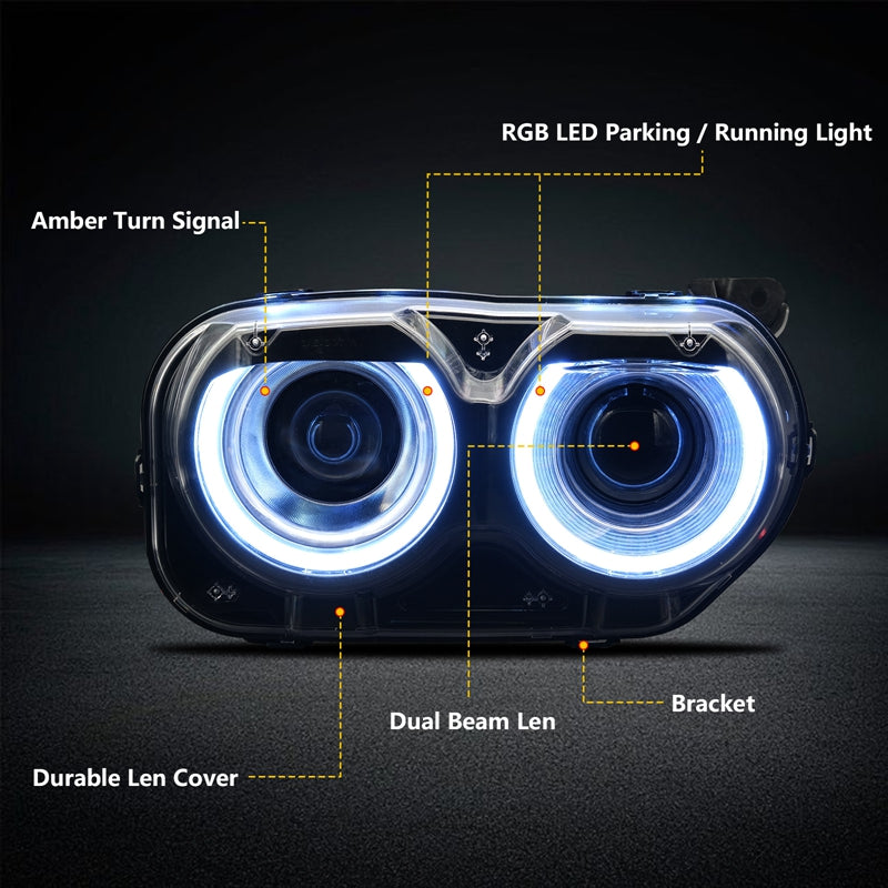 2015-2023 Dodge Challenger RGB DRL LED Headlights Lamps with 10 Colors