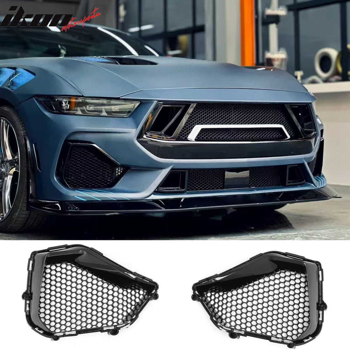 2024-2026 Ford Mustang GT Fog Light Cover Shelby Super Snake Style Gloss Black ABS Plastic Fog Lamp Decoration Bezel 2PC
