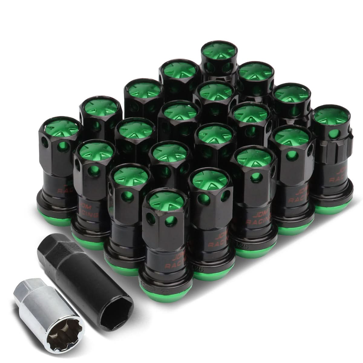 M12 x 1.25 Aluminum Lug Nuts Set 16pc + 4 Locks Black/Green