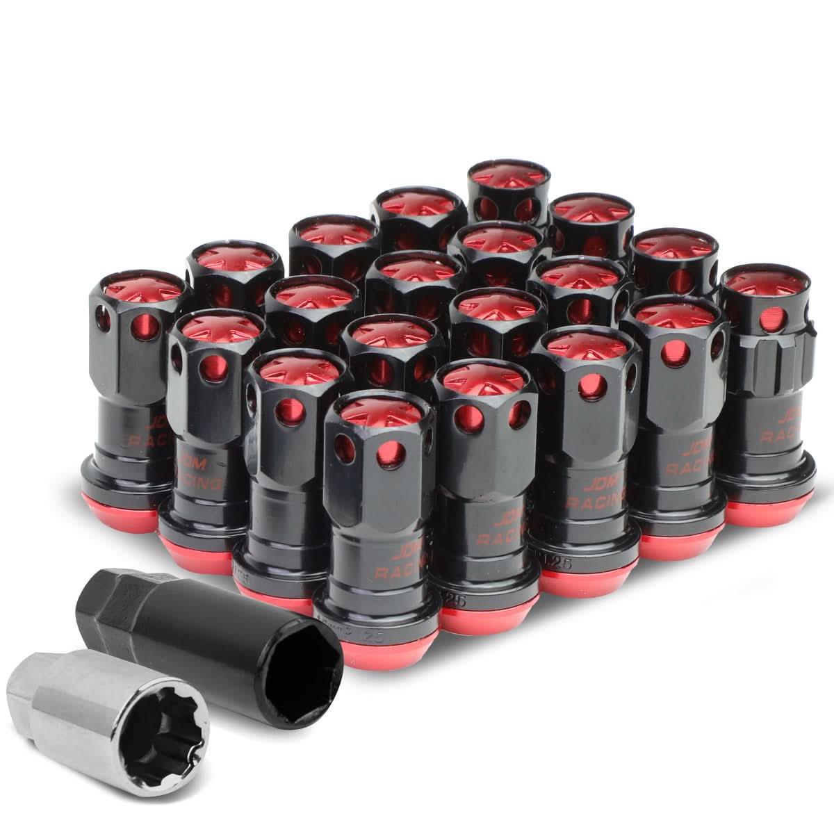 M12 x 1.25 Aluminum Lug Nuts Set - 16 Pcs + 4 Locks with Key Black/Red