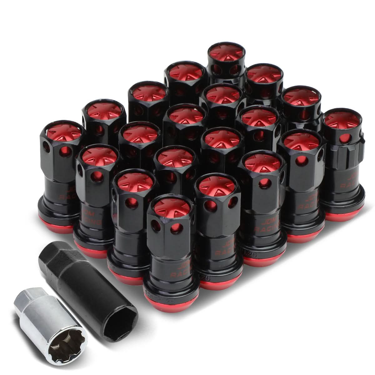 M12 x 1.25 Aluminum Lug Nuts Set - 16 Pcs + 4 Locks with Key Black/Red