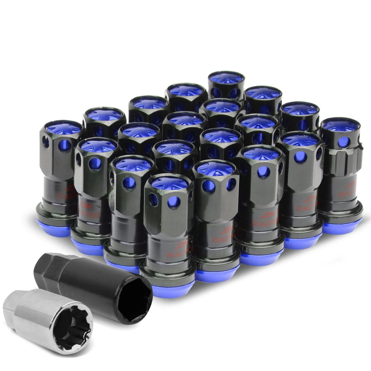 M12 x 1.5 Aluminum Lug Nuts 16pc Set with Locks - Black/Blue