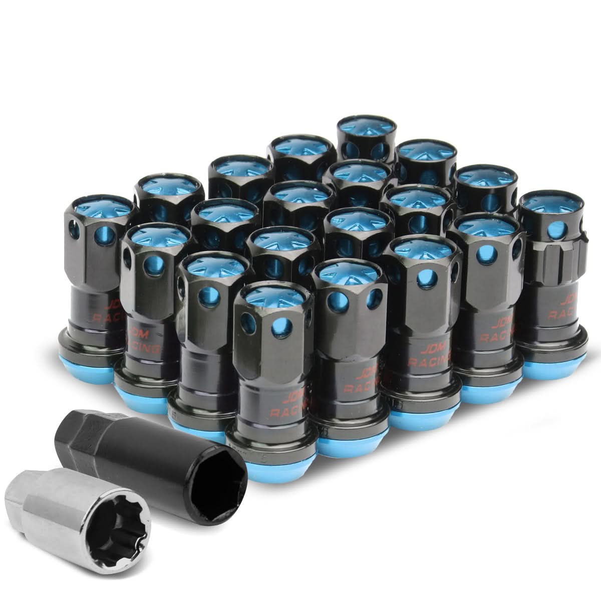 M12 x 1.5 Aluminum Lug Nuts with Locks 16pc Set Black Blue