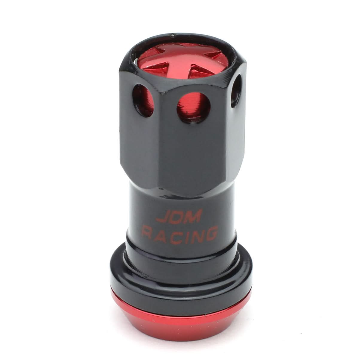 M12 x 1.5 Aluminum Lug Nuts 45mm Closed End Lock Style 16pc Black Red