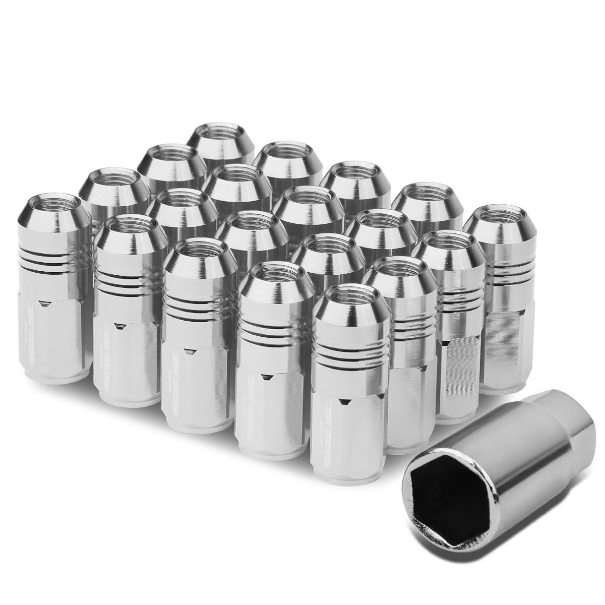 M12 x 1.25 Aluminum Lug Nuts - Grooved Shank Extended 50mm 20pc Silver