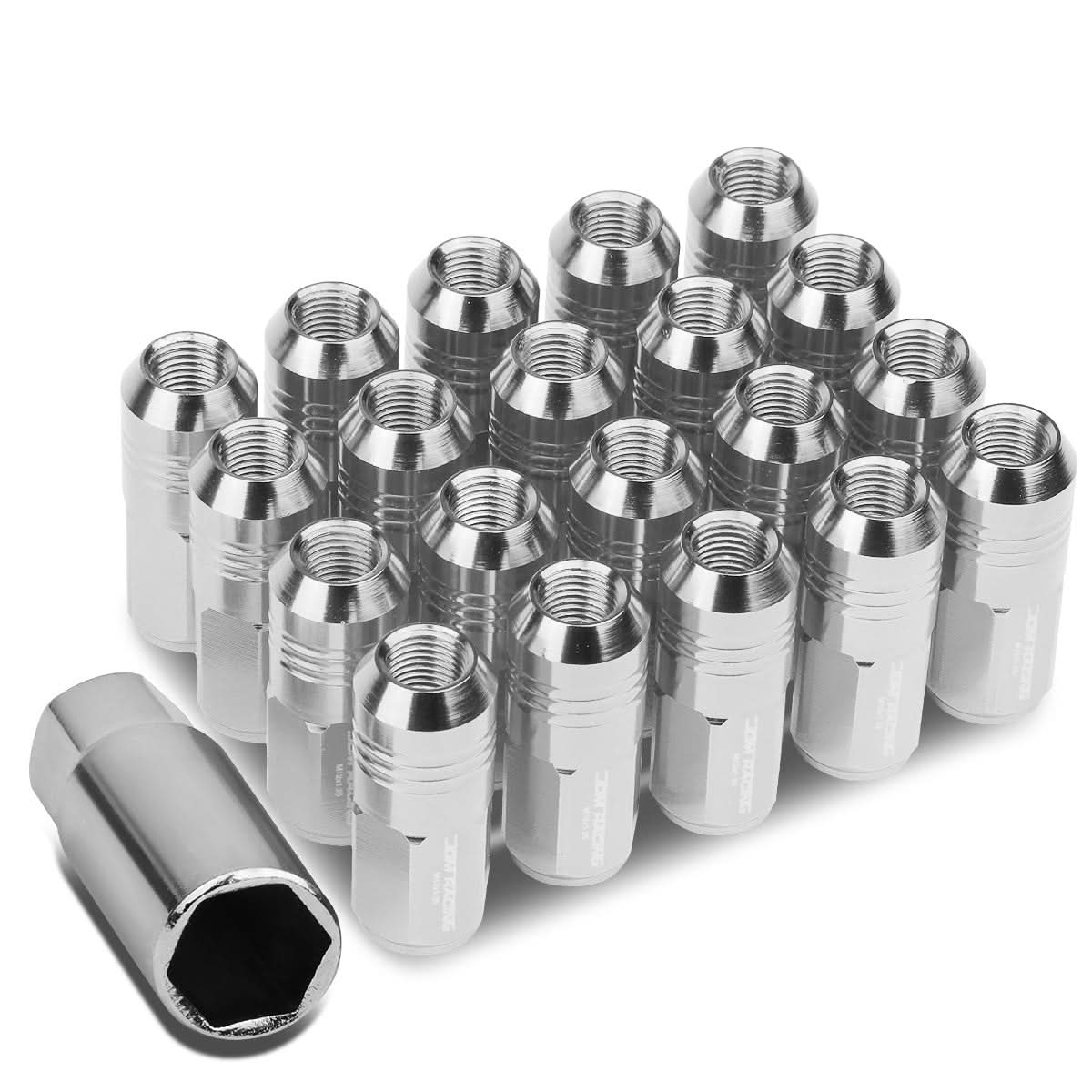 M12 x 1.25 Aluminum Lug Nuts - Grooved Shank Extended 50mm 20pc Silver