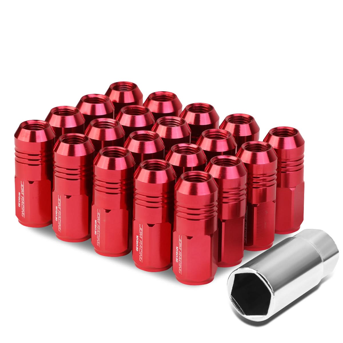 M12x1.5 Aluminum Grooved Shank Lug Nuts - Extended Closed End Red