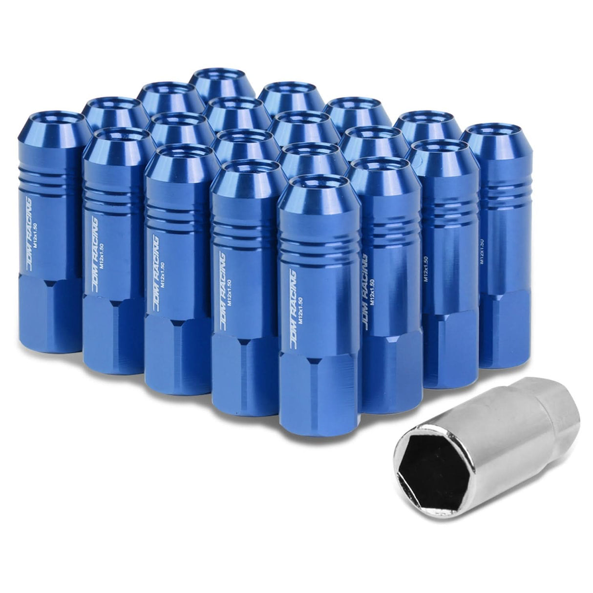 M12 x 1.5 Extended Rib Shank Lug Nuts 60mm Blue Aluminum 20pc Set
