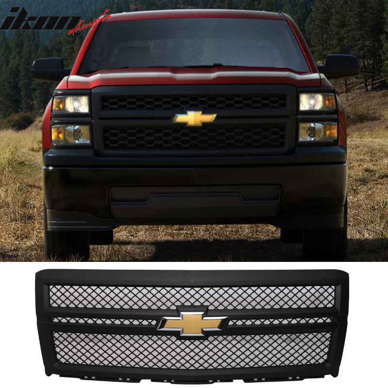 Fits 14-15 Chevy Silverado B Black Front Bumper Hood Grille + Emblem