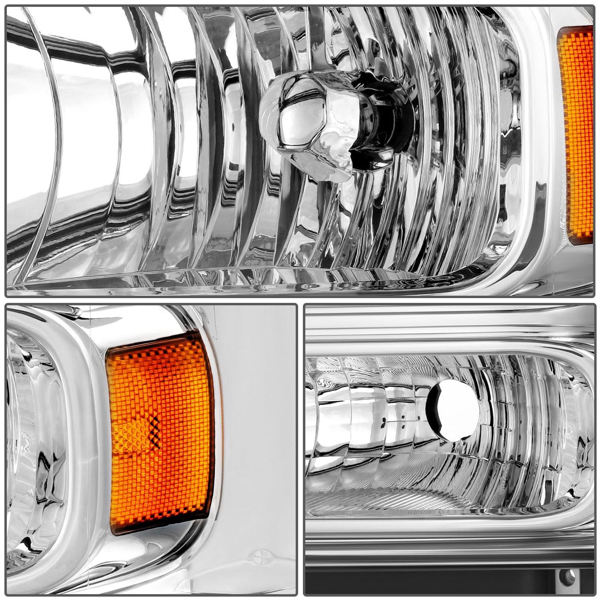 99-04 Ford Super Duty One Piece Headlight Chrome Housing Amber Reflector