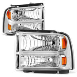99-04 Ford Super Duty One Piece Headlight Chrome Housing Amber Reflector