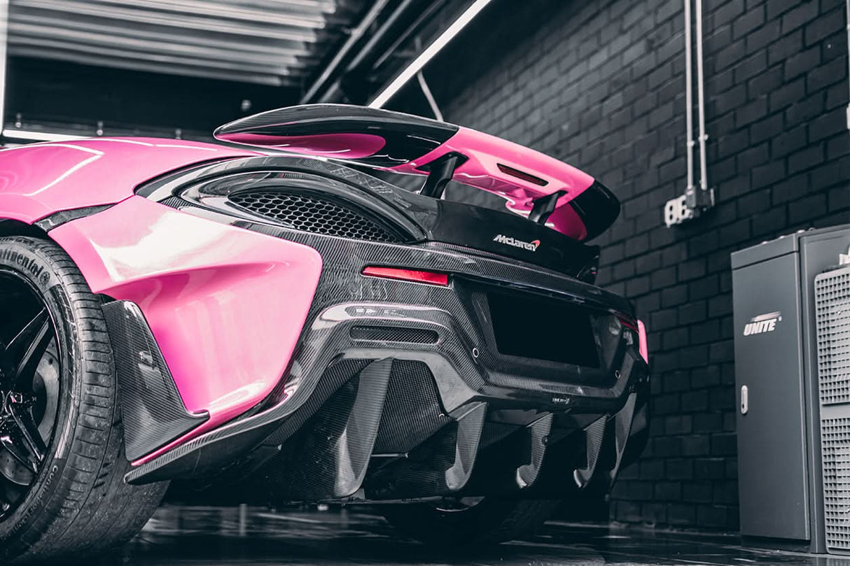 2015-2020 McLaren 540C 570S 570GT 600LT-Style Partial Carbon Fiber Rear Bumper with Diffuser  and Trunk Spoiler and Engine Trunk and Exhaust