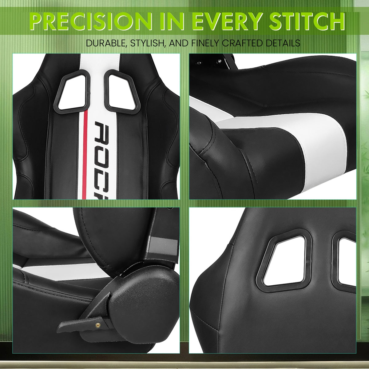 Universal Black White Stripe Racing Seat with Dual Sliders PU Leather
