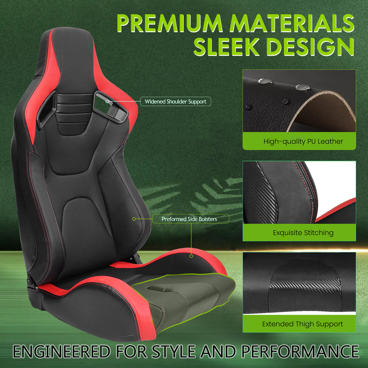 Racing Seat for Universal Red Stripe Left Dual Slider PU Carbon Leather