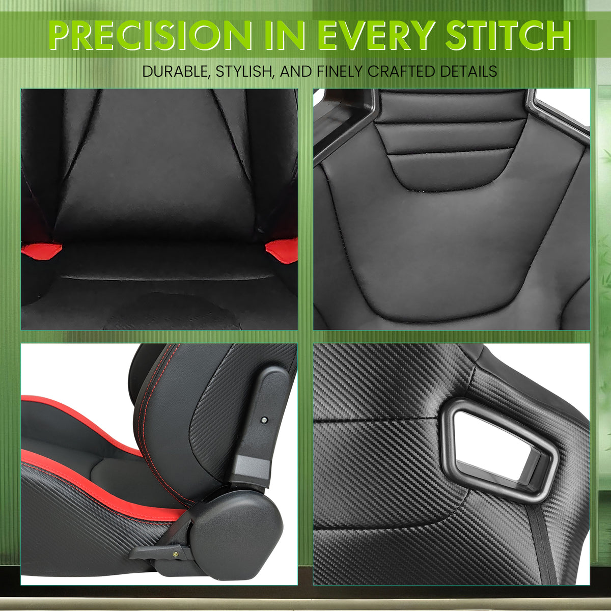 Racing Seat for Universal Red Stripe Left Dual Slider PU Carbon Leather