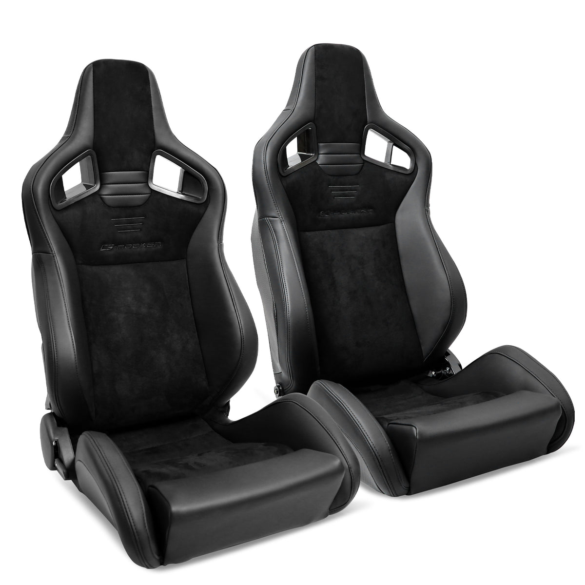 Universal 2x Reclinable Racing Seats Dual Slider Suede PU Carbon Leath