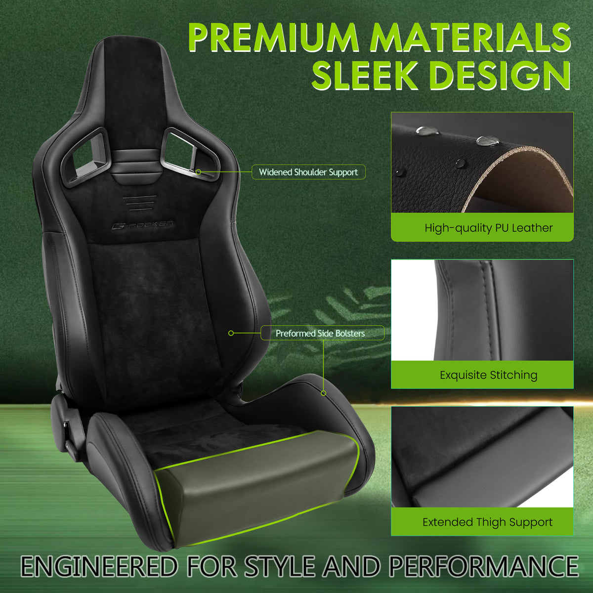 Universal 2x Reclinable Racing Seats Dual Slider Suede PU Carbon Leath