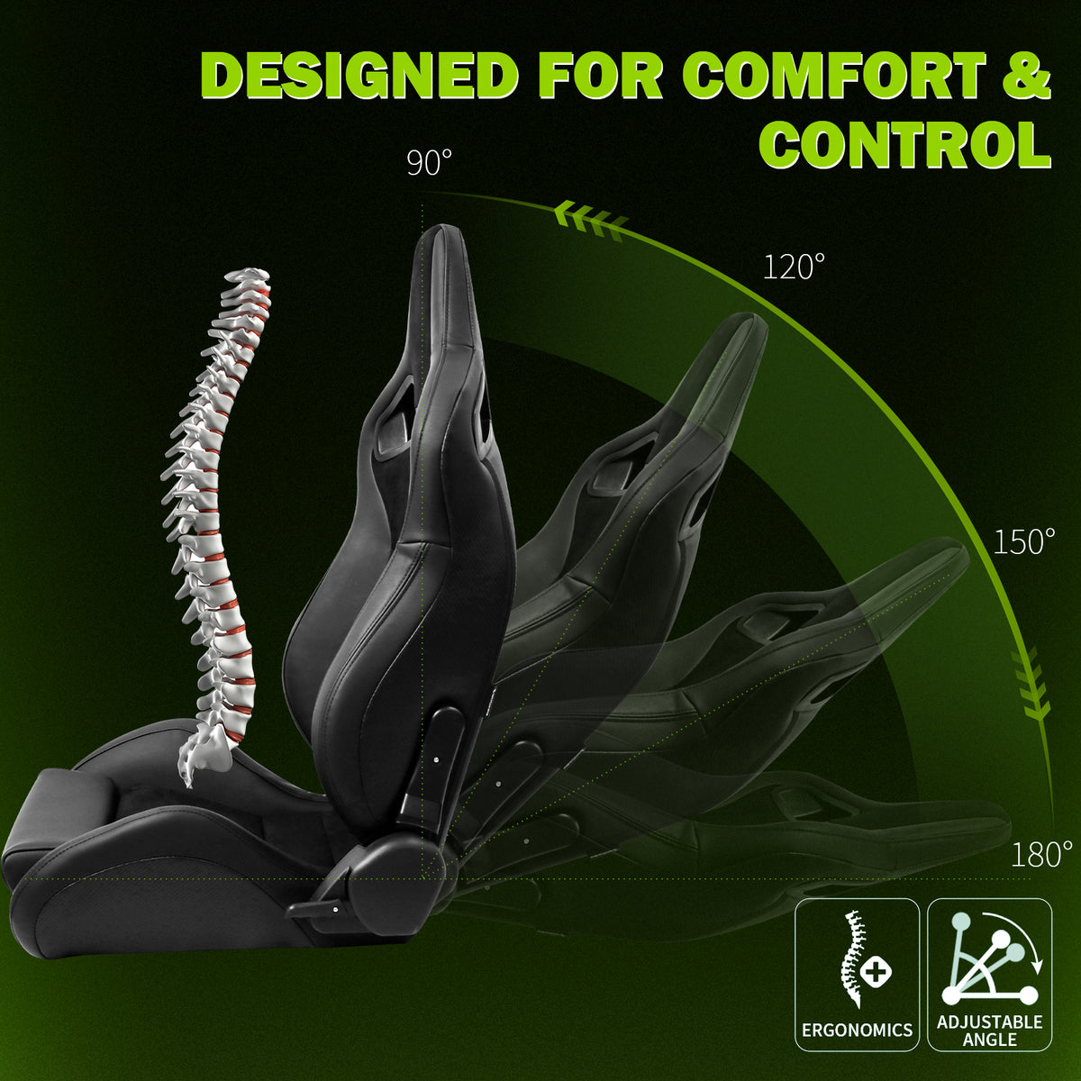 Universal 2x Reclinable Racing Seats Dual Slider Suede PU Carbon Leath