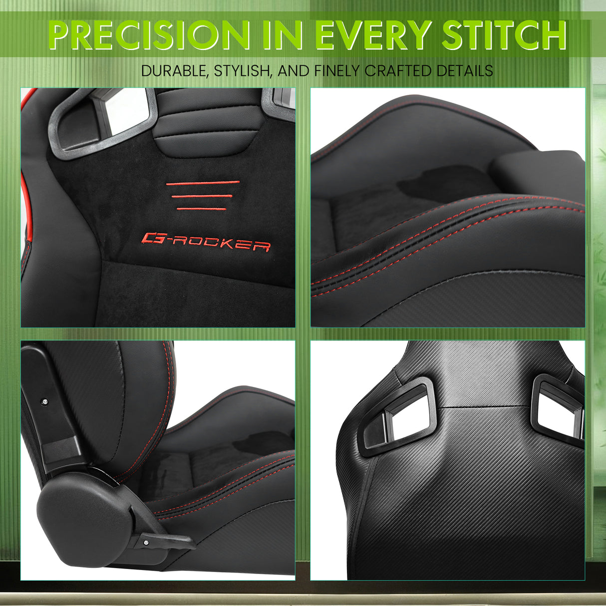Universal 2x Reclinable Racing Seats Dual Slider Suede PU Carbon Leath