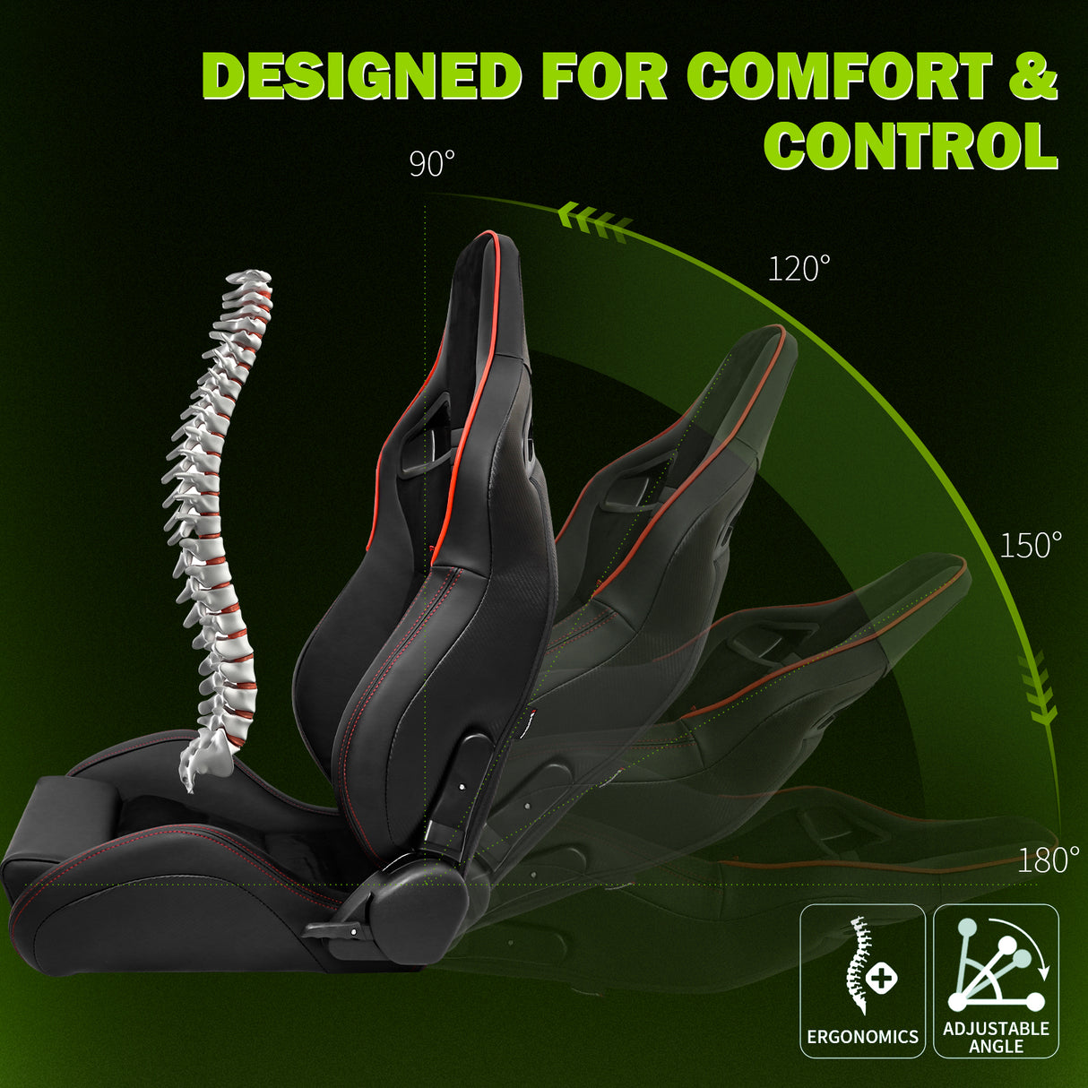 Universal 2x Reclinable Racing Seats Dual Slider Suede PU Carbon Leath