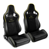 Universal 2x Reclinable Racing Seats Dual Slider Suede PU Carbon Leath
