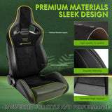 Universal 2x Reclinable Racing Seats Dual Slider Suede PU Carbon Leath