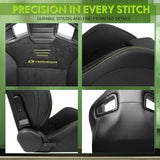 Universal 2x Reclinable Racing Seats Dual Slider Suede PU Carbon Leath