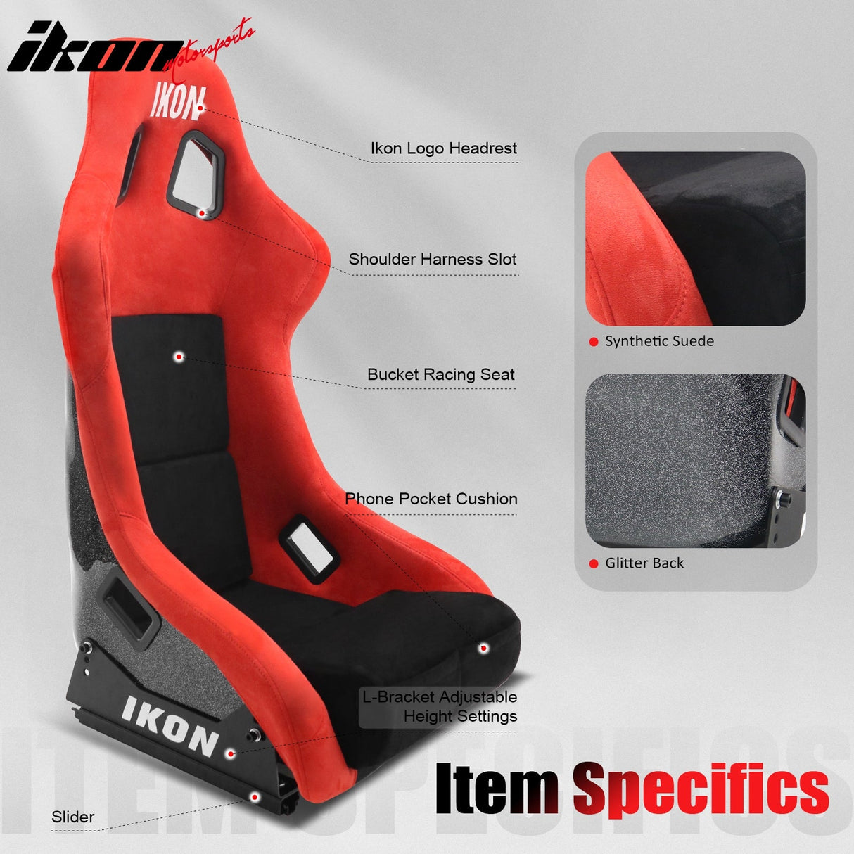 Universal Racing Bucket Seats Slider Suede Left+ Right Black Red