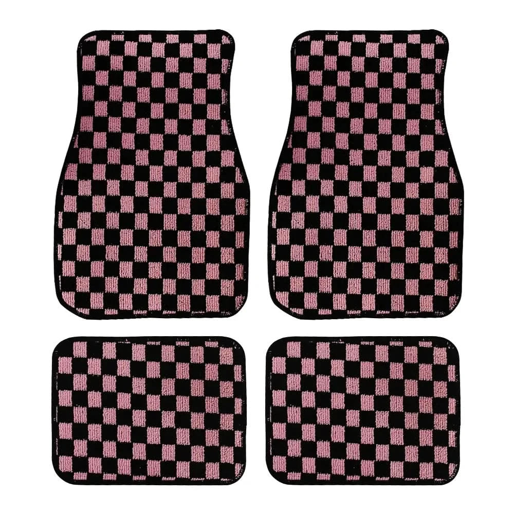 Universal Racing Checkered Plush Floor Mats – All-Weather Non-Slip Interior Carpet Set (4-Piece)