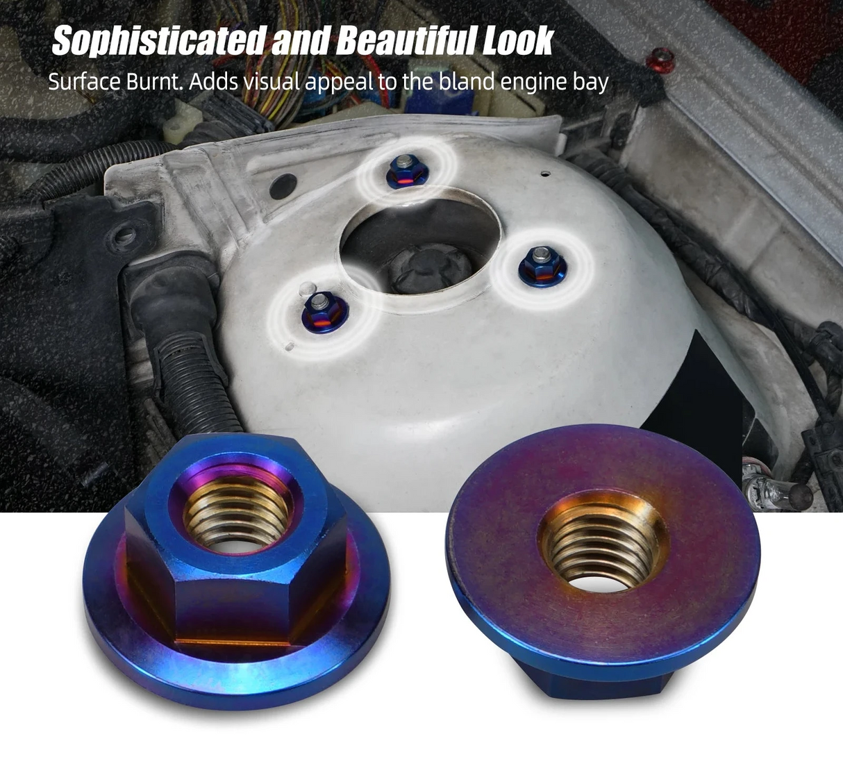 E46 Front Shock Tower Reinforcement Plates & Lightweight Strut Tower Nut Kit (2002–2006)