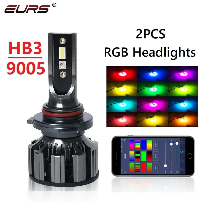 RGB LED Headlight Bulb Kit with App Control – Multi-Fit H1 H4 H7 H11 9005 9006 D2S D3S (Pair)